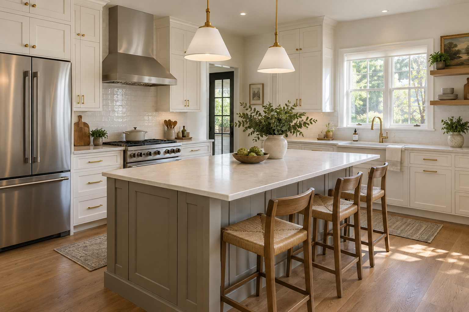 Remodeled kitchen with light cabinetry, a contrasting island, stone countertops, and brass fixtures