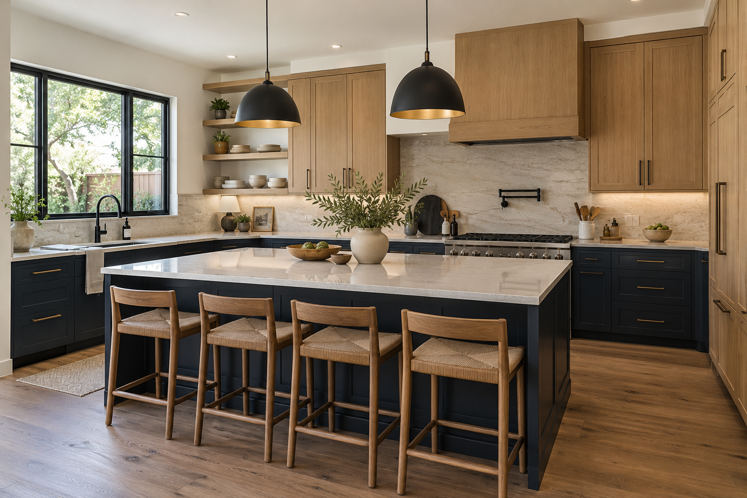 Remodeled kitchen with natural wood cabinetry, a dark island, stone countertops, and pendant lighting