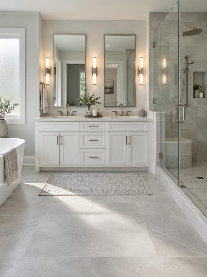 Bright remodeled master bathroom with a white double vanity, rectangular mirrors, and a glass-enclosed gray tile shower